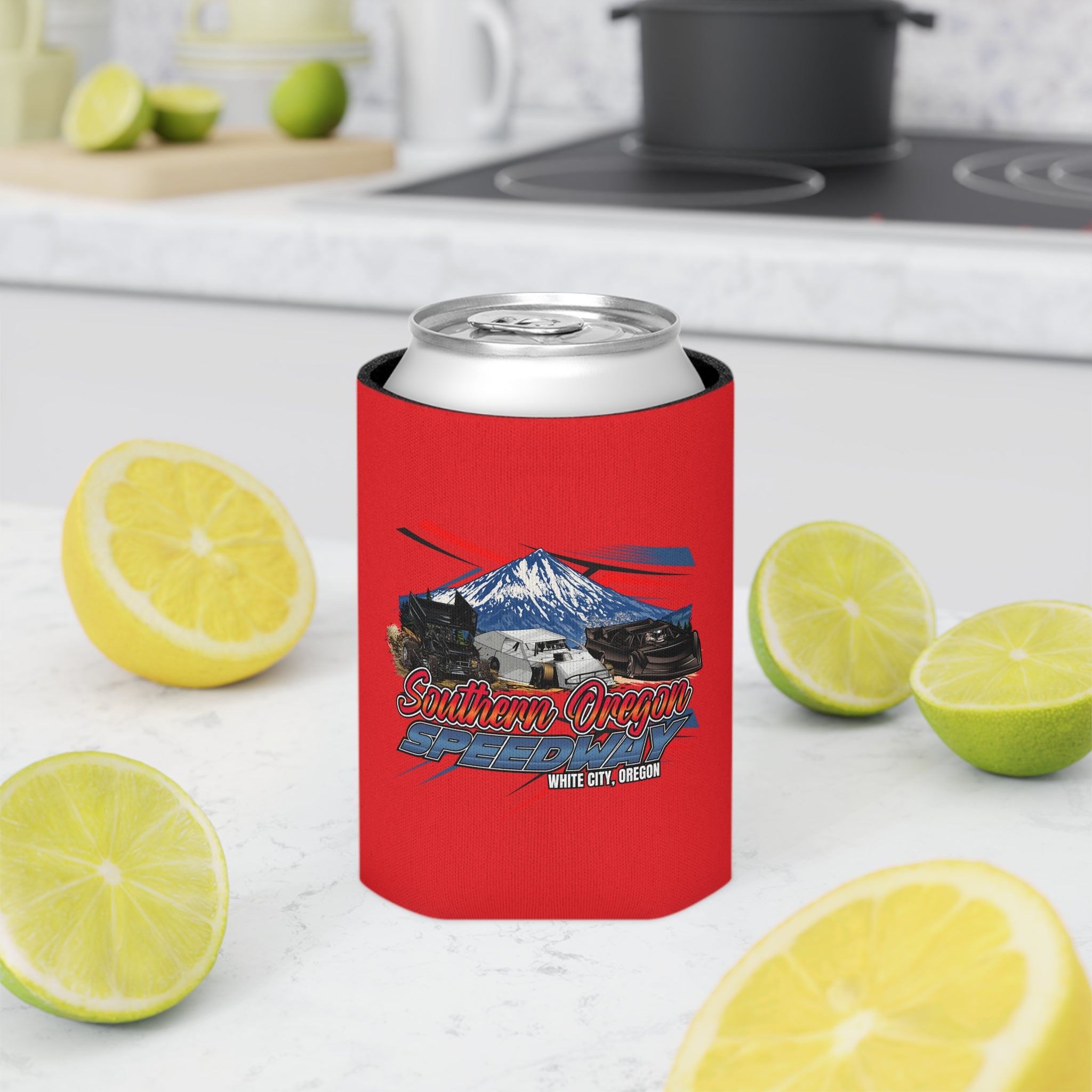 Can Cooler - Southern Oregon Speedway White City Design (Mountains & Racers)