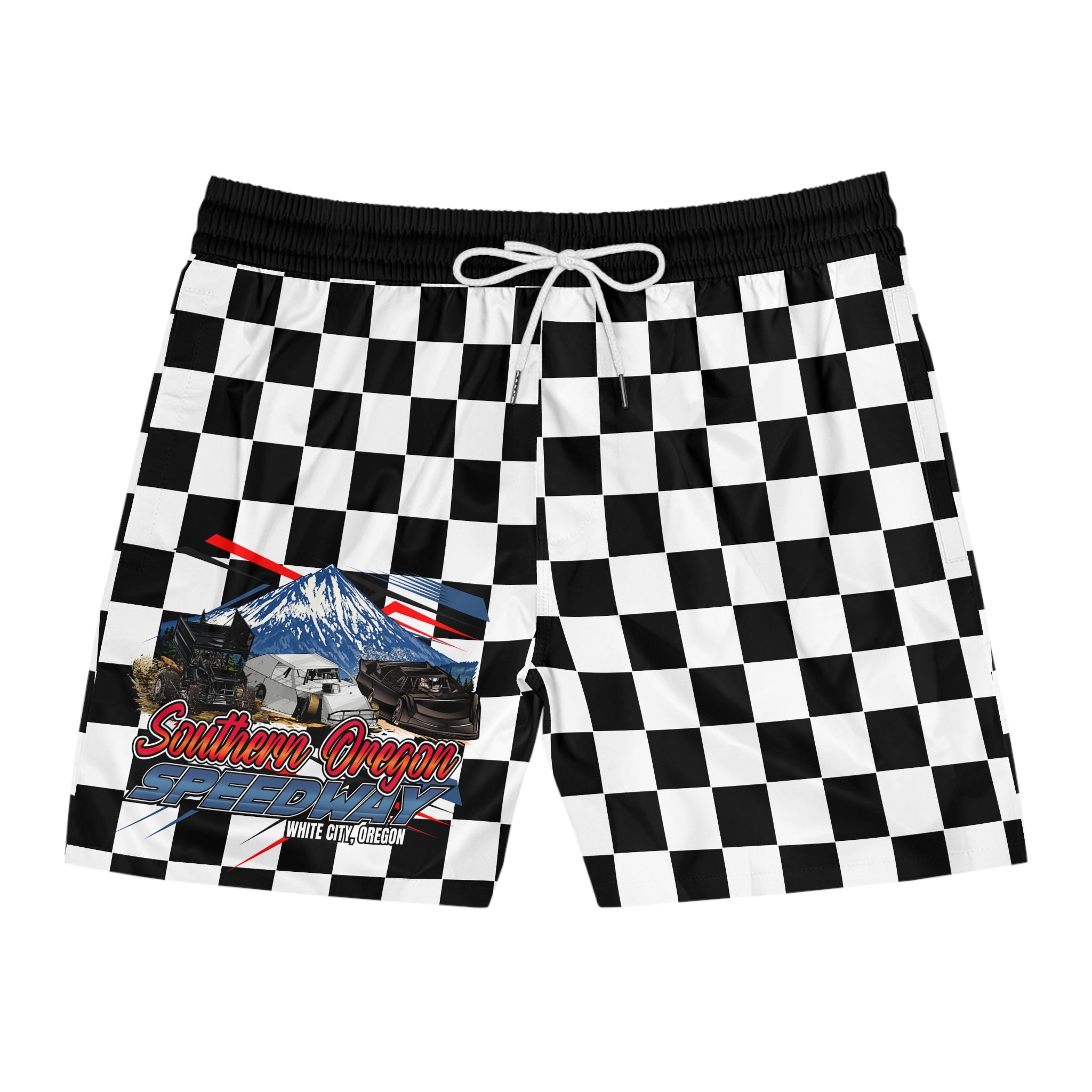 Checkerboard Swim Shorts with Southern Oregon Speedway Graphic