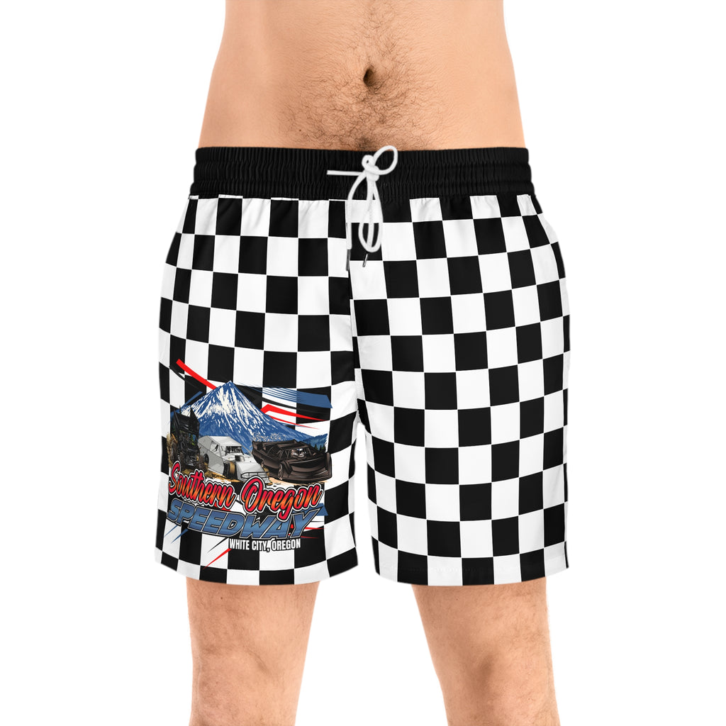 Checkerboard Swim Shorts with Southern Oregon Speedway Graphic