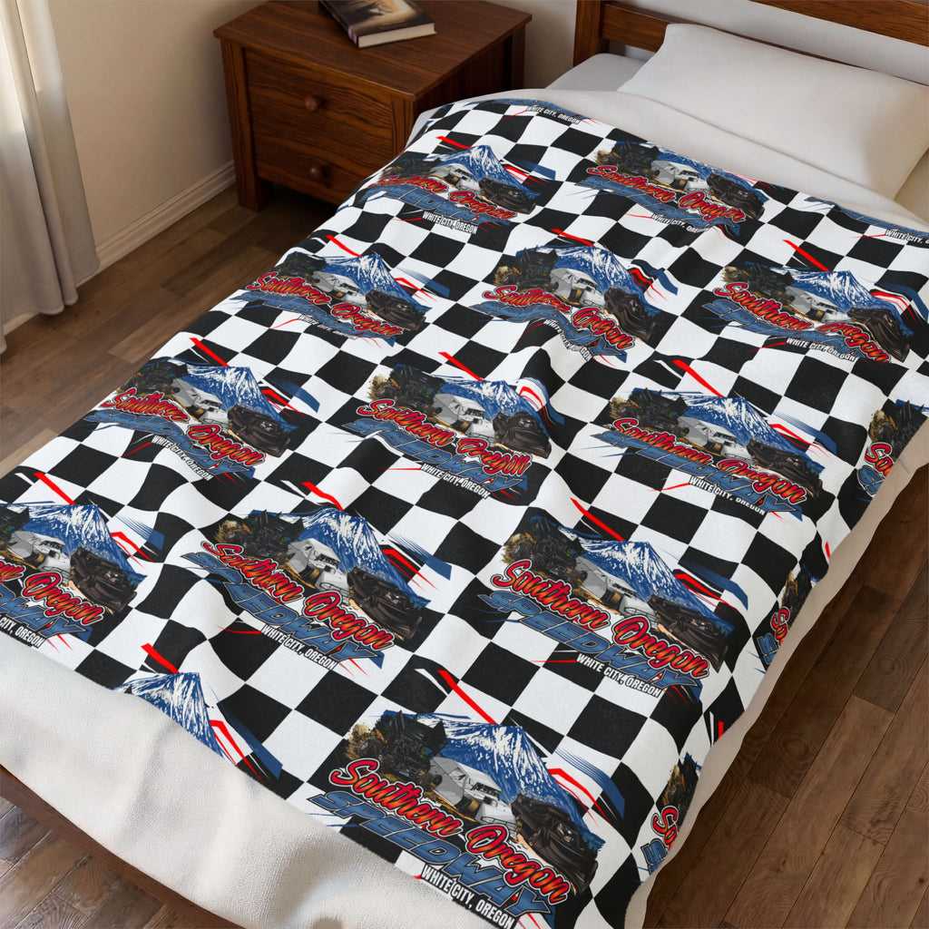 Southern Oregon Speedway Velveteen Plush Blanket — American Flag Eagle Racing Checkered Throw
