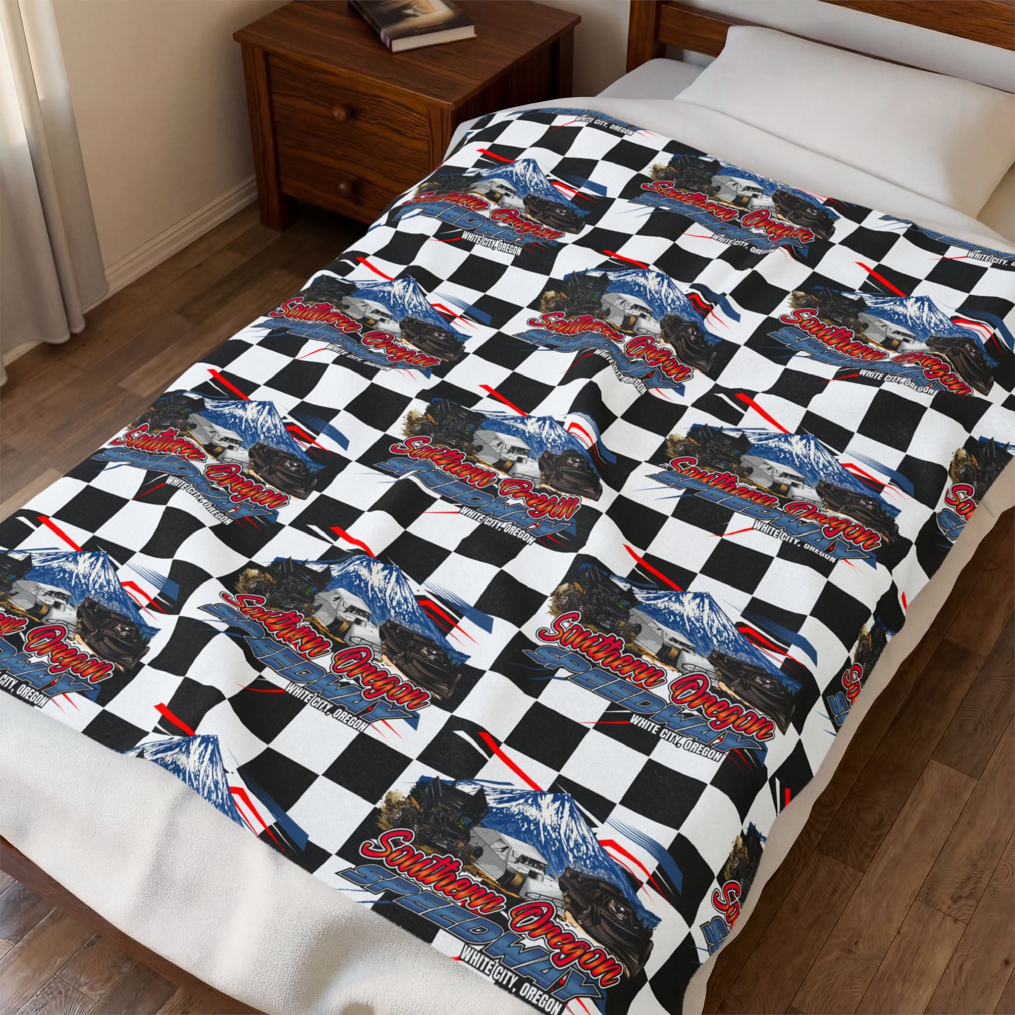Southern Oregon Speedway Velveteen Plush Blanket — American Flag Eagle Racing Checkered Throw