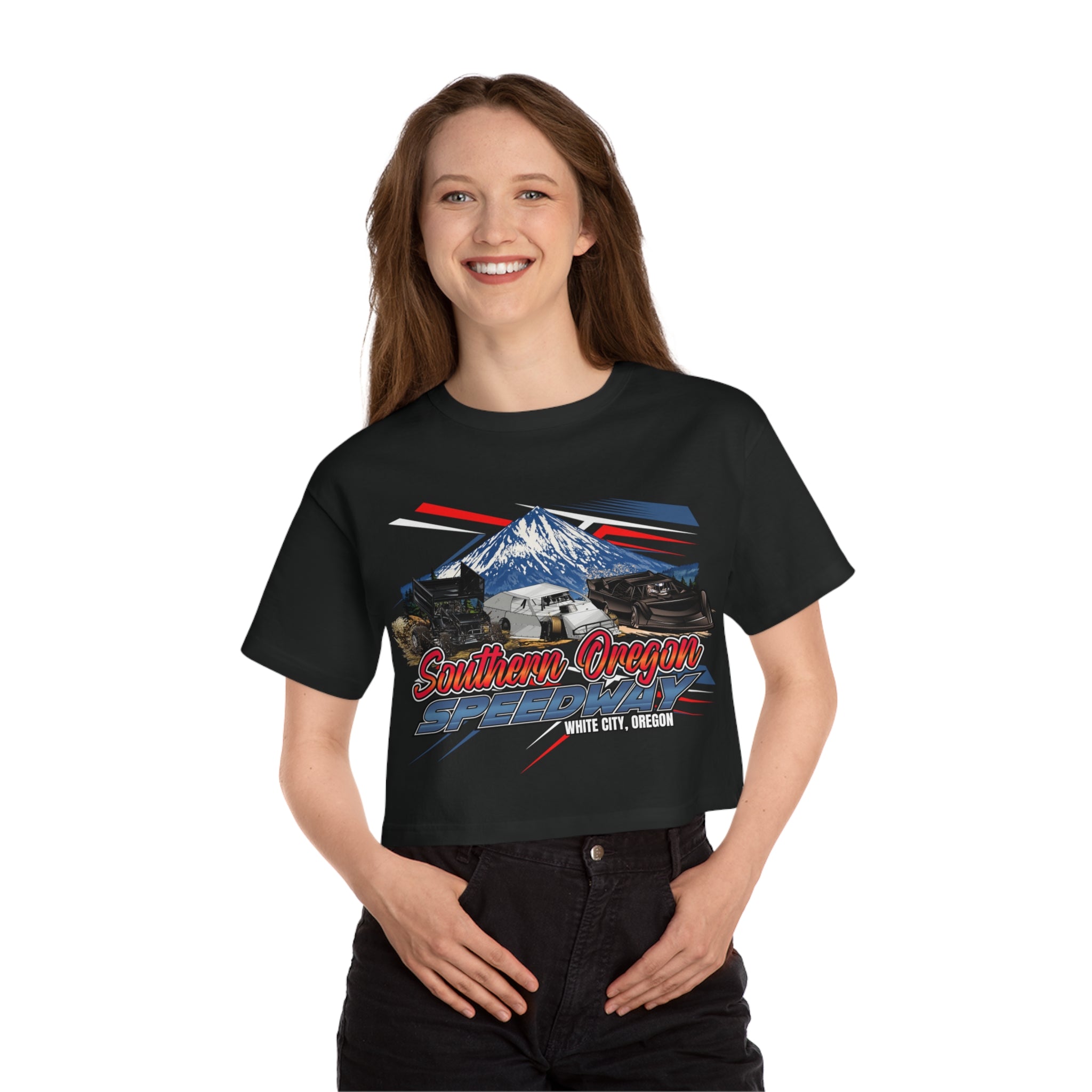 Southern Oregon Speedway Cropped T-Shirt — Mount McLaughlin retro Graphic