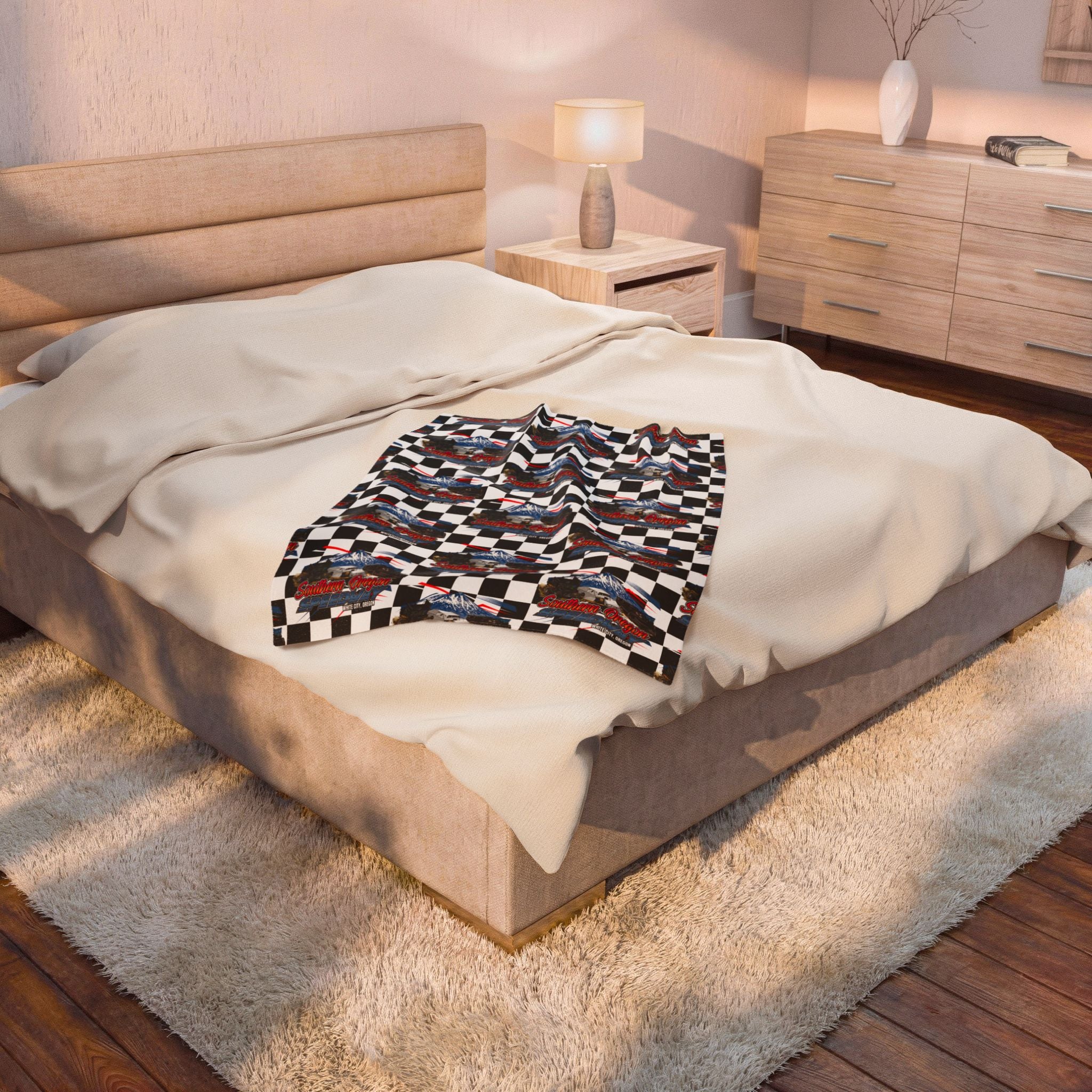 Southern Oregon Speedway Velveteen Plush Blanket — American Flag Eagle Racing Checkered Throw